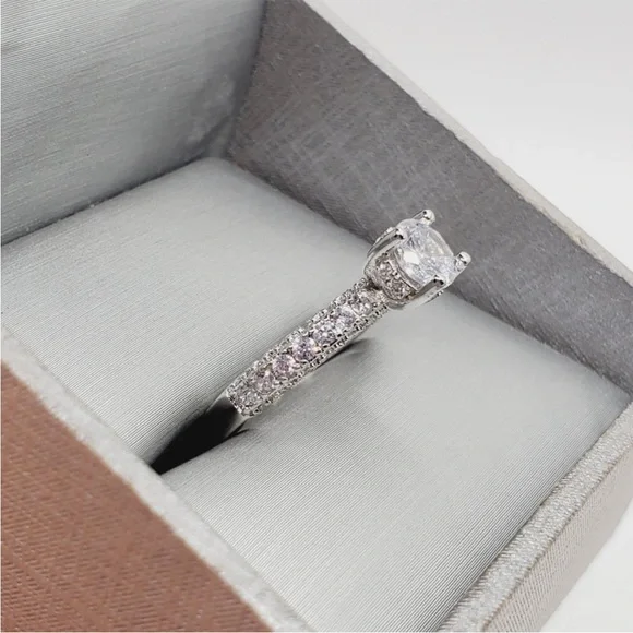 Round Cut Diamond Simulants Silver Tone Pave Engagement Ring